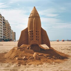 A sandcastle shaped like a rocket is on a beach. The sandcastle is surrounded by a small town and a beach