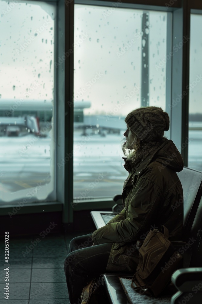 Poster a person sitting on a bench in front of a window, suitable for various lifestyle and relaxation conc