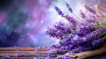 Composition with blooming lavender flowers on table