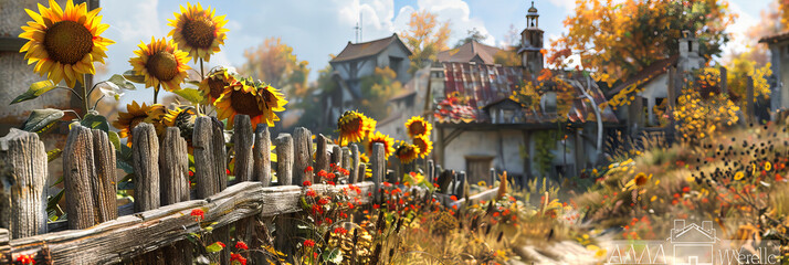 Autumnal Scene with Old House, Vibrant Foliage, Rustic Country Landscape in Fall