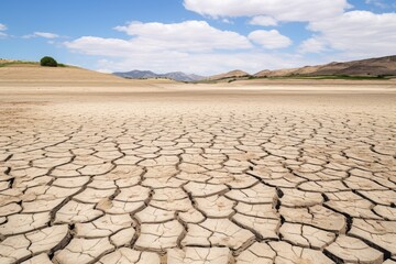 Expansive cracked soil covers a barren landscape under a vast blue sky. Barren Desert Landscape Under Blue Sky