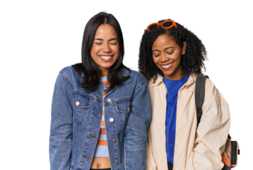 Latin friends ready for vacation laughs and closes eyes, feels relaxed and happy.