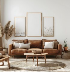 Modern living room interior with a brown sofa, coffee table and chair against a white wall mockup