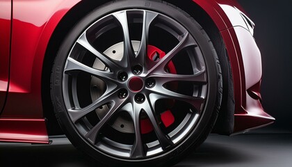 Luxury Sports Car: Close-Up of Red Brake Caliper and Chrome Rim in Dark Studio Lighting