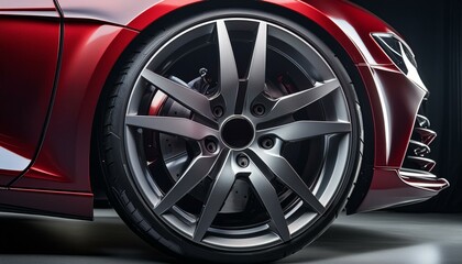 Luxury Sports Car: Close-Up of Red Brake Caliper and Chrome Rim in Dark Studio Lighting