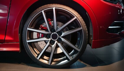 Luxury Sports Car: Close-Up of Red Brake Caliper and Chrome Rim in Dark Studio Lighting