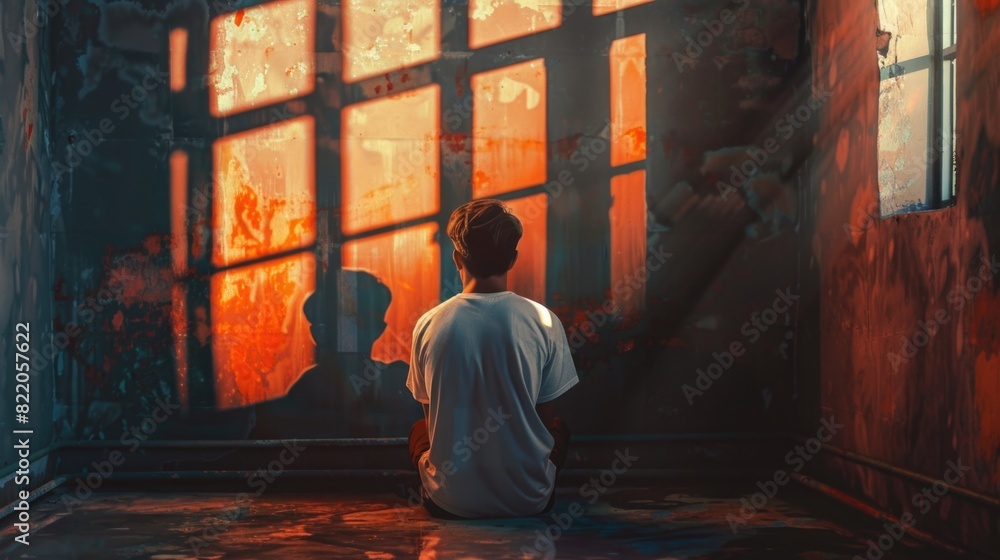 Aufkleber a man sitting on the floor in front of a window. suitable for illustrating solitude or contemplation