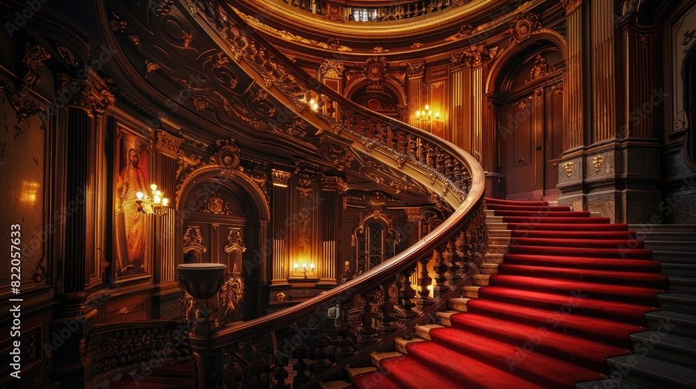 Poster a spiral staircase with a luxurious red carpet, ideal for architectural design projects