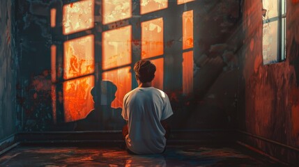 Fototapeta premium A man sitting on the floor in front of a window. Suitable for illustrating solitude or contemplation