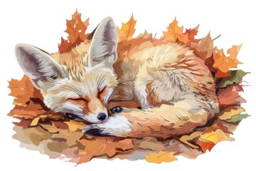 Fototapeta premium A fox peacefully curled up on a pile of leaves. Suitable for nature and animal themes