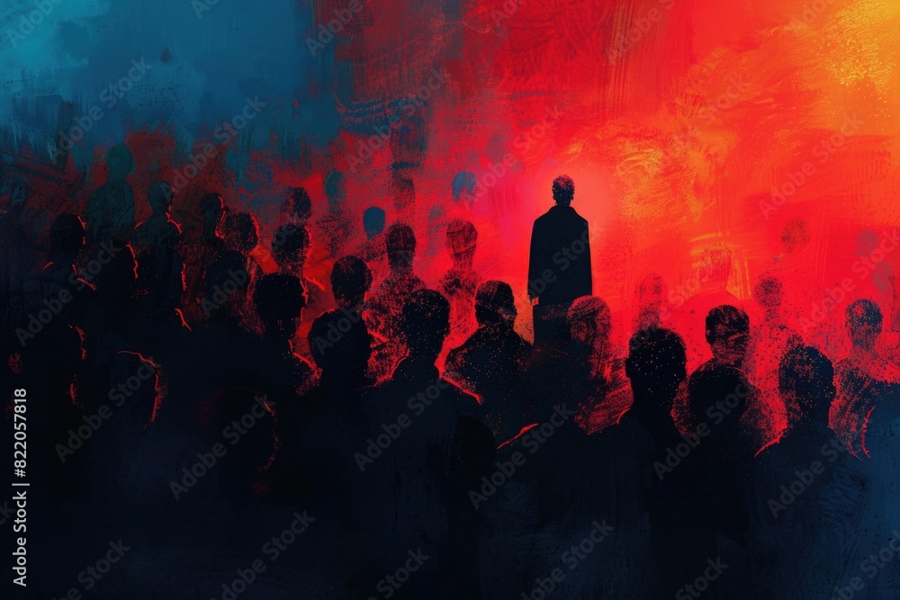 Poster a man standing confidently in front of a large crowd. ideal for business and leadership concepts