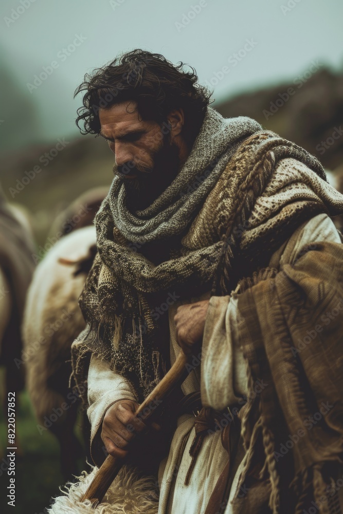 Poster a man with a beard walking with a flock of sheep. suitable for agricultural and rural themes