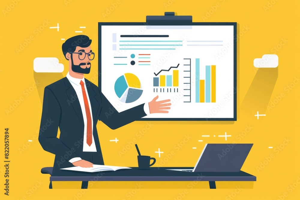 Poster A man in a suit giving a professional presentation. Suitable for business concepts