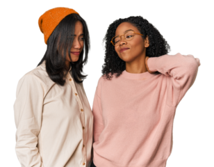 Young Latin friends together in studio suffering neck pain due to sedentary lifestyle.