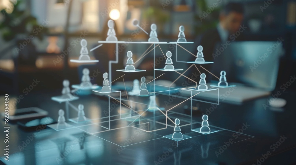 Poster group of people standing in a unique pyramid formation on a table. suitable for team building concep