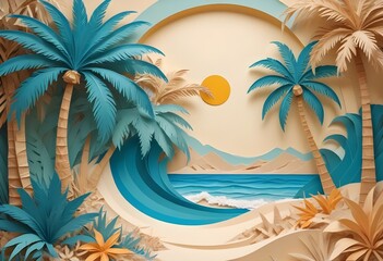 Fototapeta na wymiar Paper art of a tropical beach. Aesthetic. Origami. ocean, palm tree, sand ,sun. illustration. 