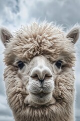 Fototapeta premium Close up of a llama's face with a cloudy sky background. Suitable for nature and animal themed projects