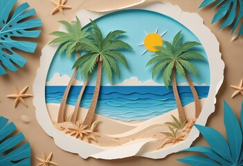 Paper art of a tropical beach. Aesthetic. Origami.  ocean, palm tree, sand ,sun. illustration. 