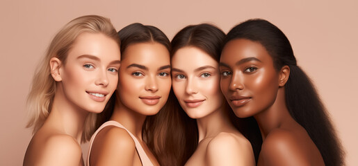 Fototapeta premium Beauty portrait four multiethnic diverse young women, clean skin, beautiful female models together