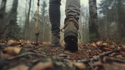 A person walking in the woods with a pair of hiking poles. Ideal for outdoor and nature-themed designs