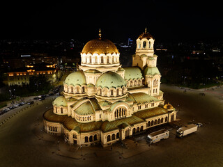 Naklejka premium Aerial night view of the Patriarchal Cathedral of Saint Alexander Nevsky in Sofia, Bulgaria.