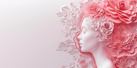 A woman with pink flowers in her hair. Suitable for beauty and lifestyle concepts