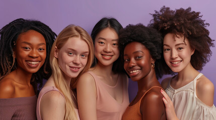 A group of women smiling and looking at the camera against a purple background.