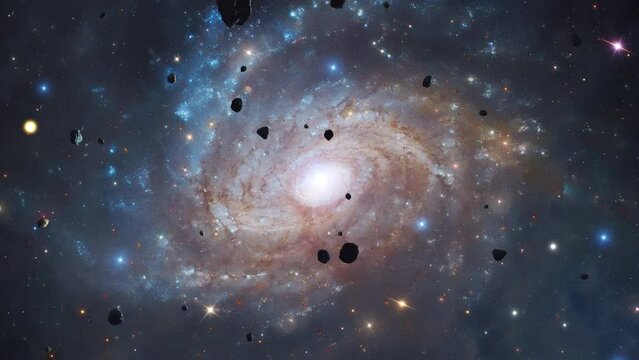 Galaxy Space flight exploration space rock scence through outer space at spiral Galaxy IC 4633 in the Apus constellation. 4K looping animation of flying through glowing nebulae, clouds and stars field