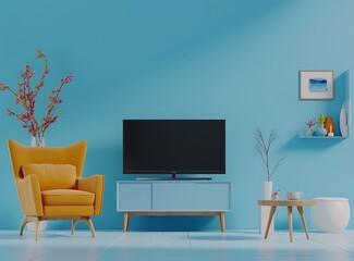 3d render of simple tv mockup in blue room with armchair and table