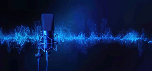 Blue microphone with audio waveform on blue background, recording studio.