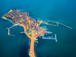 Aerial drone evening view of the Old City of Nessebar in Bulgaria. Unesco world heritage site.
