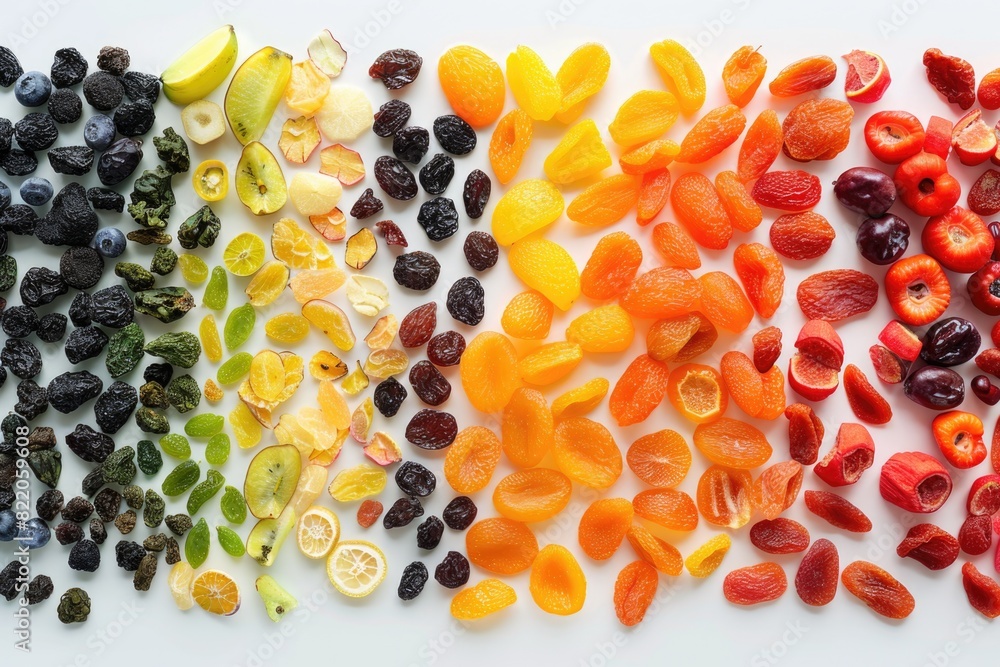 Poster a vibrant display of assorted dried fruits on a white background. perfect for healthy eating concept