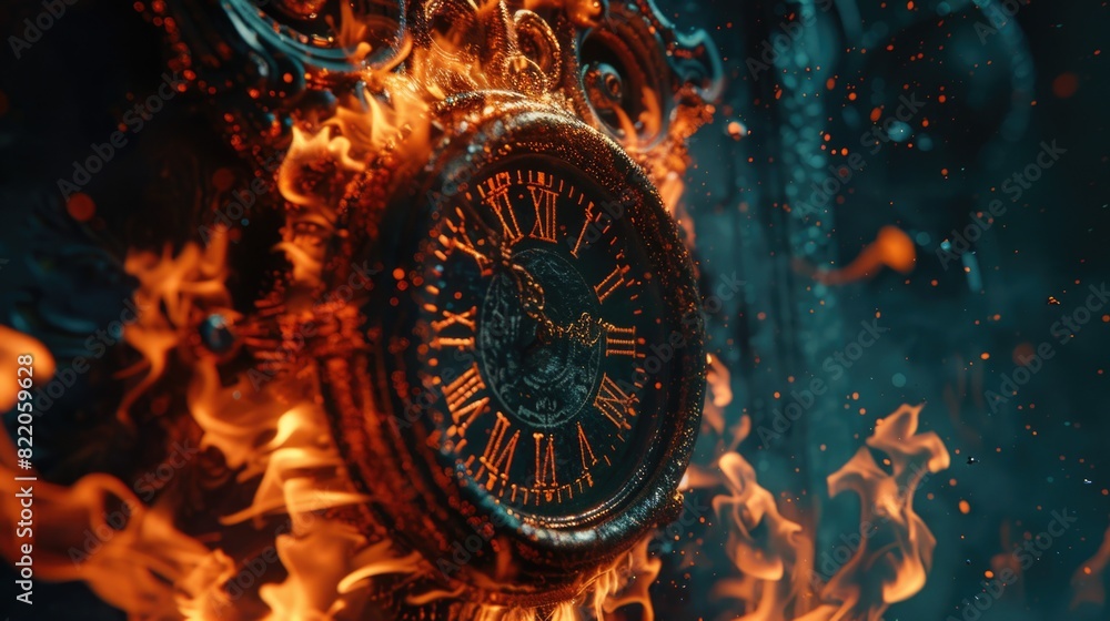 Poster a clock on fire in the middle of the night. suitable for dramatic or suspenseful concepts