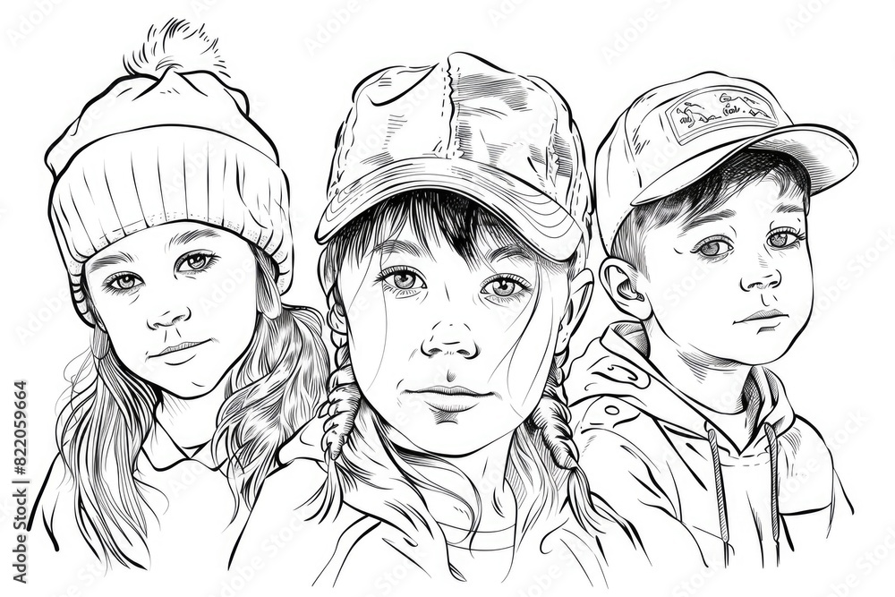 Poster a drawing of three children wearing hats. suitable for various projects