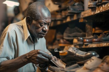 A man working on a shoe in a shoe shop. Ideal for business or craftsmanship concepts