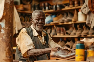 Fototapeta premium A man sitting at a table working on a shoe. Can be used for shoemaking concept