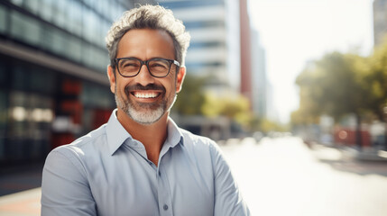 Fototapeta premium Confident happy smiling mature Hispanic entrepreneur standing in sunny city and looking at camera