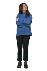 Middle Eastern woman, full body studio dreaming of achieving goals and purposes