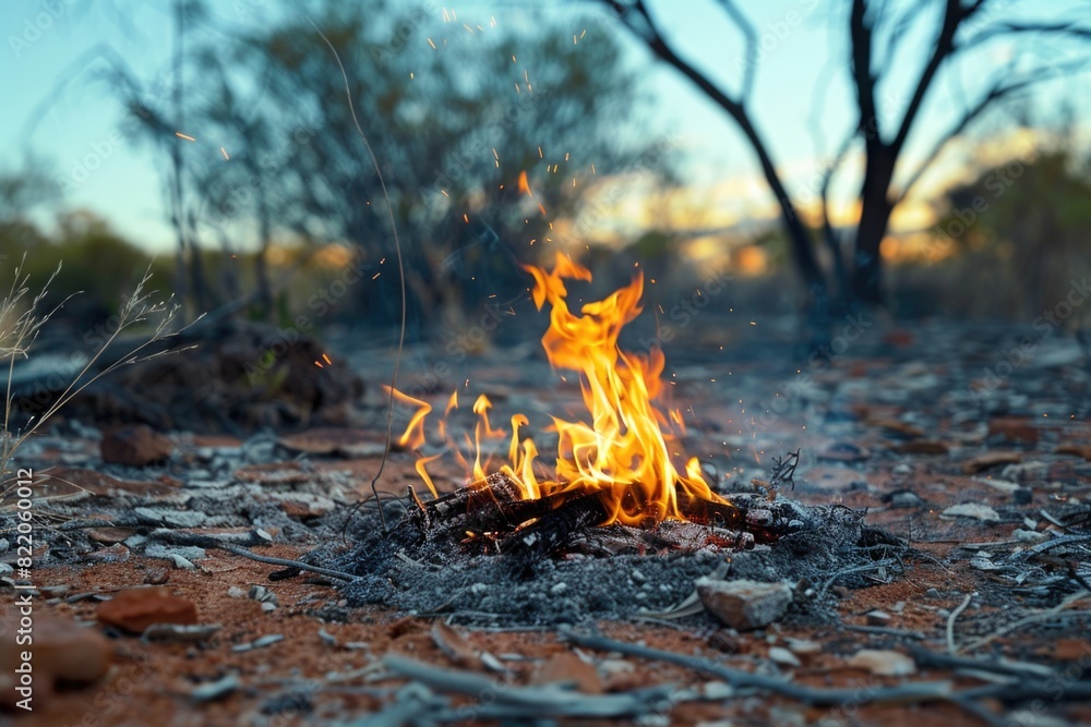 Poster A fire burning in the middle of a field. Suitable for various concepts