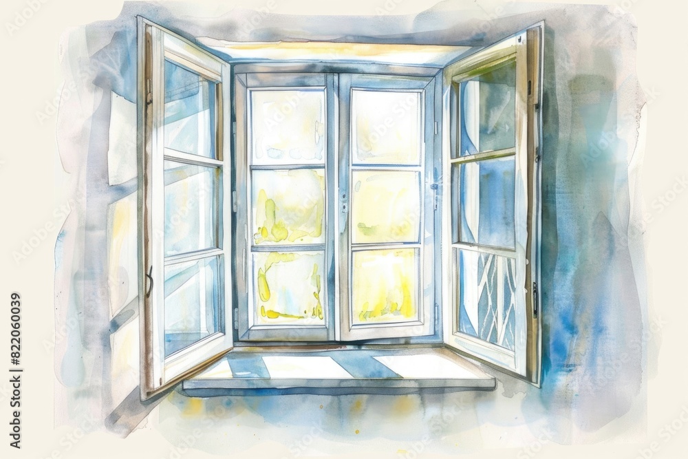 Poster A painting of an open window with sunlight shining through. Suitable for various design projects