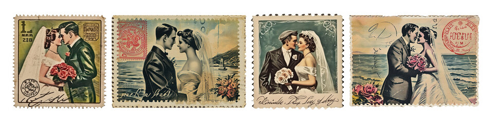 Vintage postage stamps of marriage png on transparent background