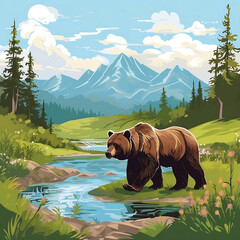 Brown bear stands on the river bank with a beautiful view of trees and mountains