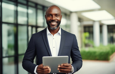 Confident African American businessman holding digital tablet computer standing in the office