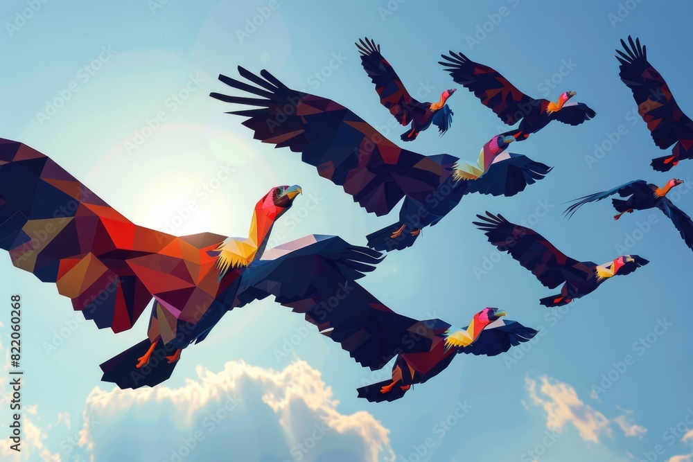 Poster a flock of birds soaring through the clear blue sky. ideal for backgrounds or nature concepts