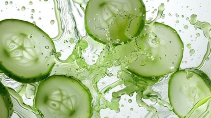 Fresh cucumber slices being dropped into a clear bowl of water. Ideal for healthy lifestyle or spa concept