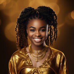 Gold background Happy black independant powerful Woman Portrait of young beautiful Smiling girl good mood Isolated on Background Skin Care Face Beauty Product 