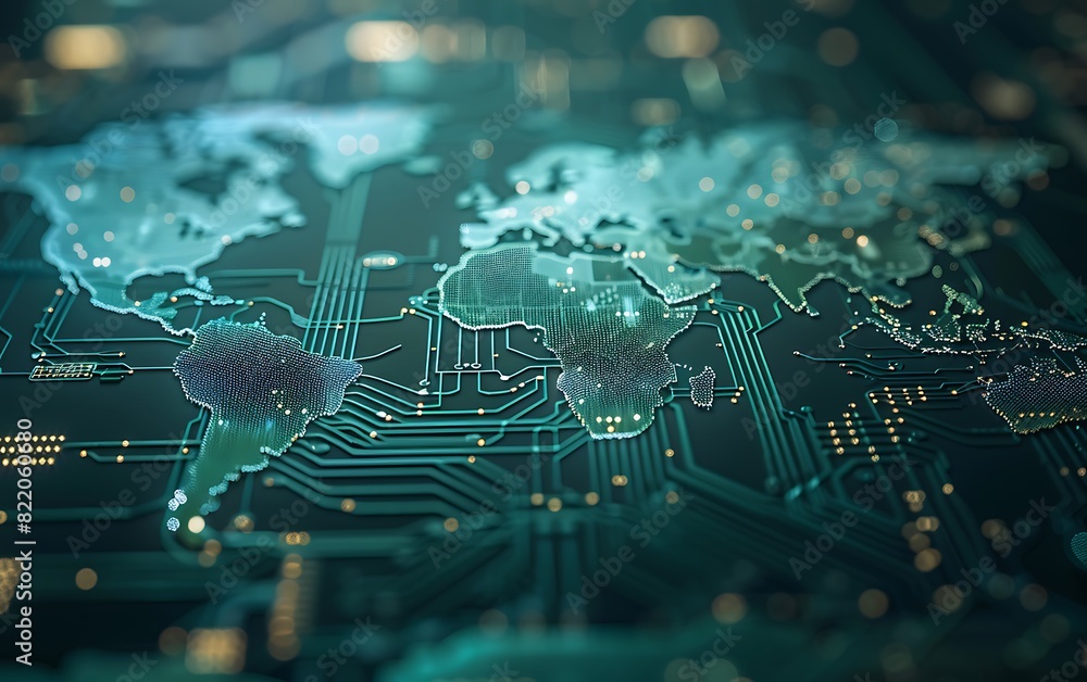 Aufkleber world map and network concept graphics implemented on electronic circuit