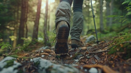 A person walking on a trail in the woods. Suitable for outdoor and nature-themed designs
