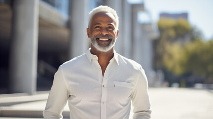 Obraz premium Confident happy smiling mature African businessman standing in the city, looking at camera