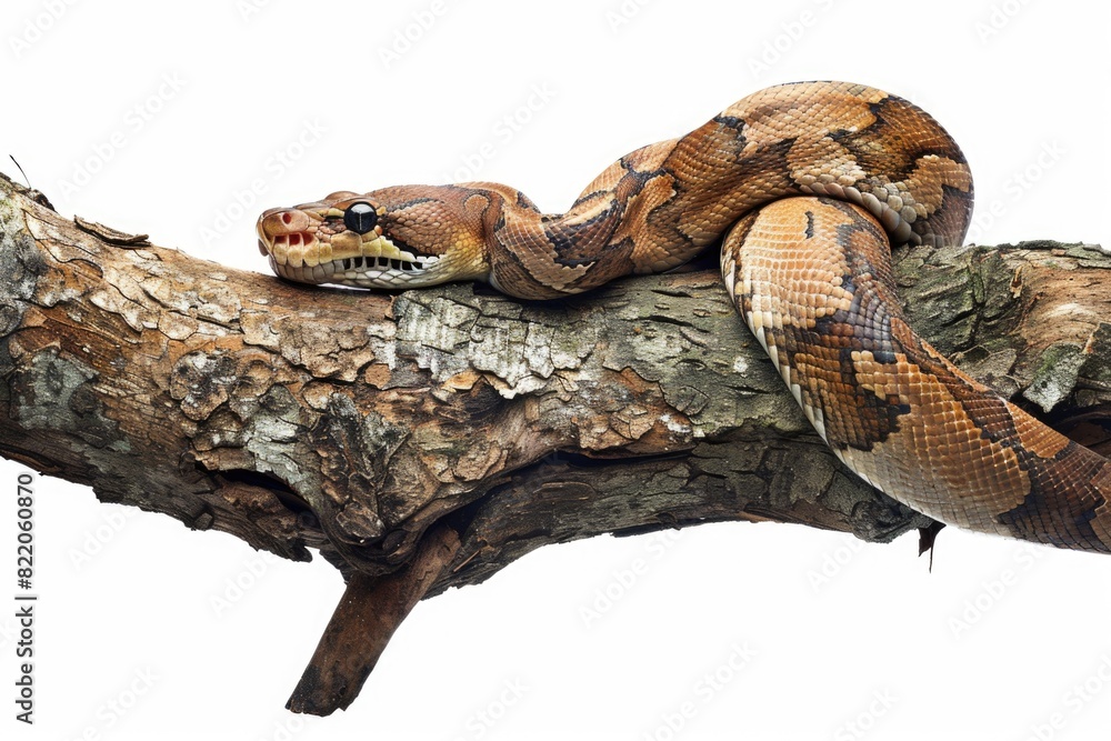 Poster A snake with its mouth open on a tree branch. Suitable for wildlife and nature concepts